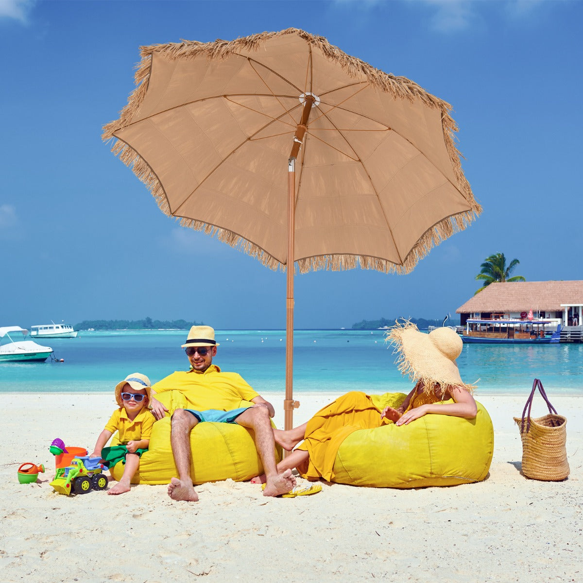 Hawaiian – Style Beach Paraply med hopfällbart stativ och lutningsknopp bärväska Tiki – Natur