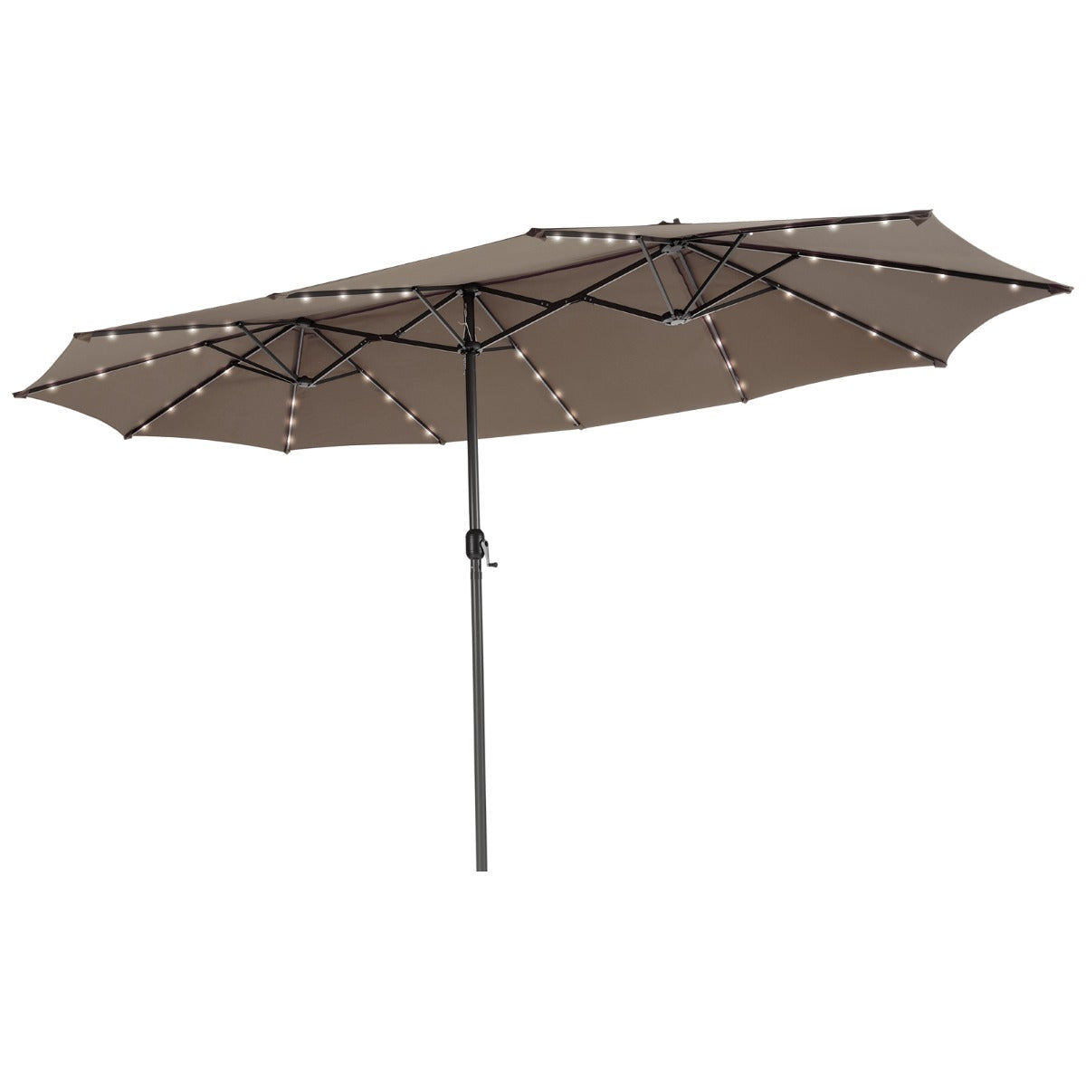 Stort – dubbel uteplatsparaply med solar LED lampor och vev utomhusparaply Paraplyställ ingår ej – 48 470 cm – Brun