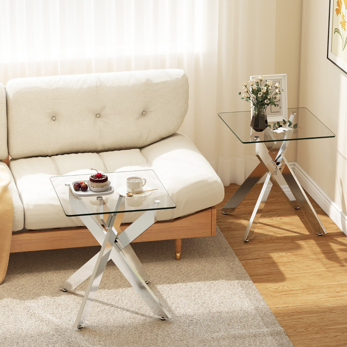Glas – Sidobord Kvadratiskt Matbord med Härdad och X Metallstomme Modernt – Silver