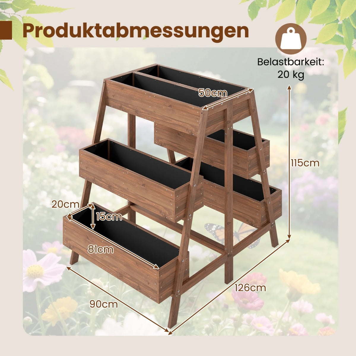 Flerstegs – upphöjd rabatt Trä med ribbotten design och planteringslådor – 6 126 x 90 x 115 cm – Natur