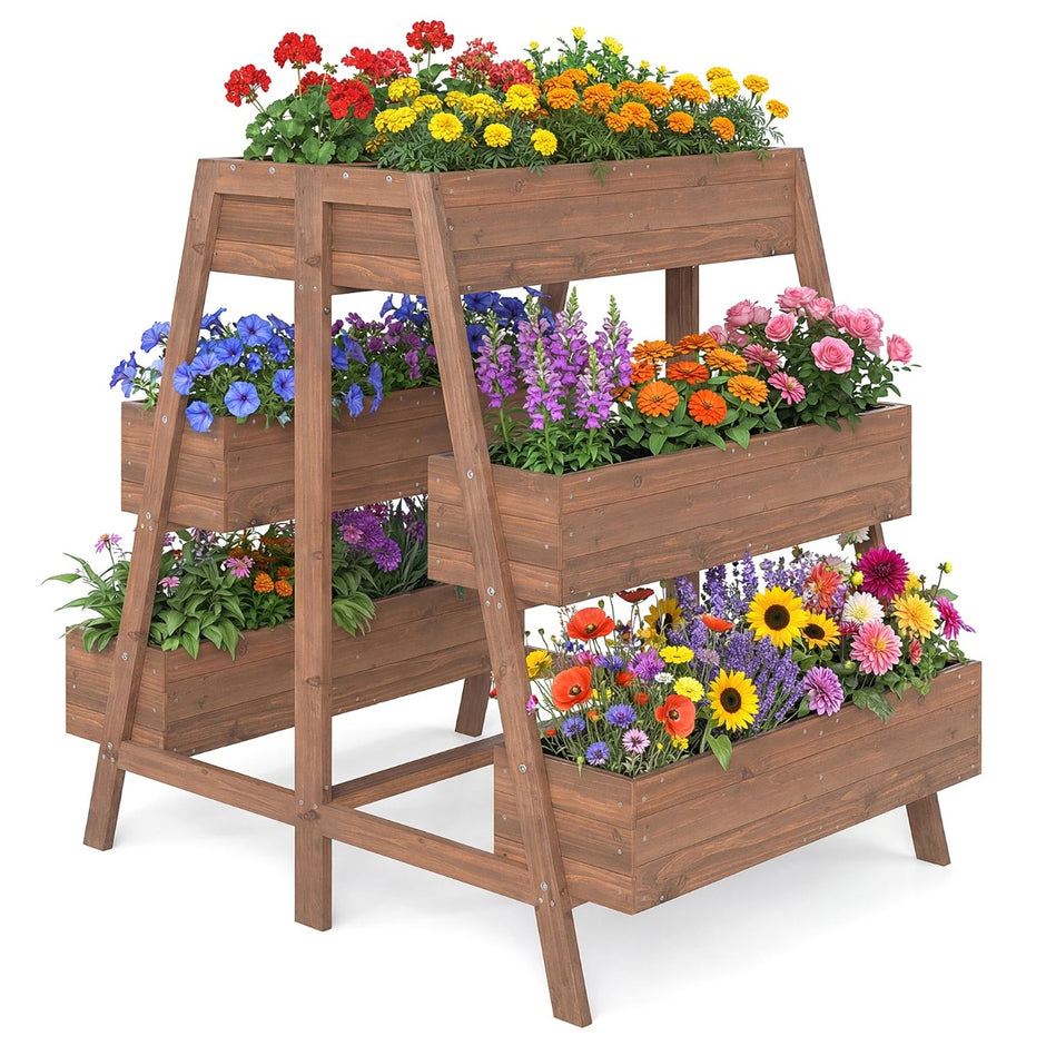 Flerstegs – upphöjd rabatt Trä med ribbotten design och planteringslådor – 6 126 x 90 x 115 cm – Natur