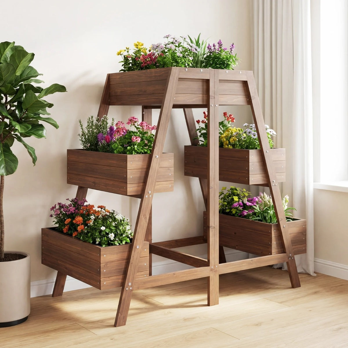 Flerstegs – upphöjd rabatt Trä med ribbotten design och planteringslådor – 6 126 x 90 x 115 cm – Natur