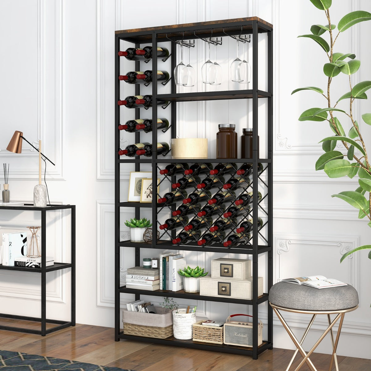 Vinställ – för flaskor av metall med glashållare barskåp – 27 81 x 23 x 166 cm – Svart