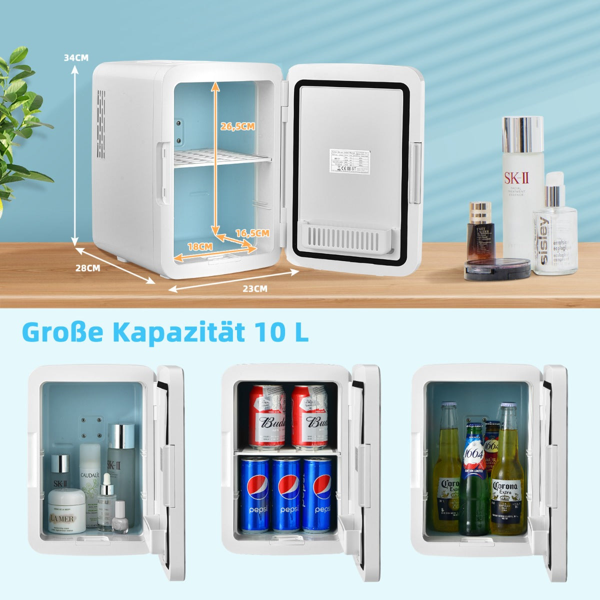 Minikylskåp – Bärbart med LED spegel – 10 L 23 x 28 x 34 cm – Vit