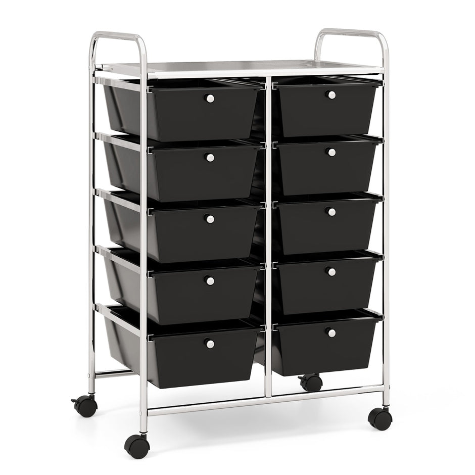 Rullande – förvaringsvagn med lådor skjutvagn för verktyg och kontorsmaterial på hjul – 10 – Svart