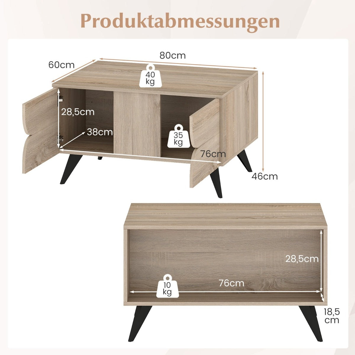 Modernt – soffbord med förvaringsutrymme Farmhouse accentbord öppna fack och lådor – 3 80 x 60 x 46 cm – Ekgrå