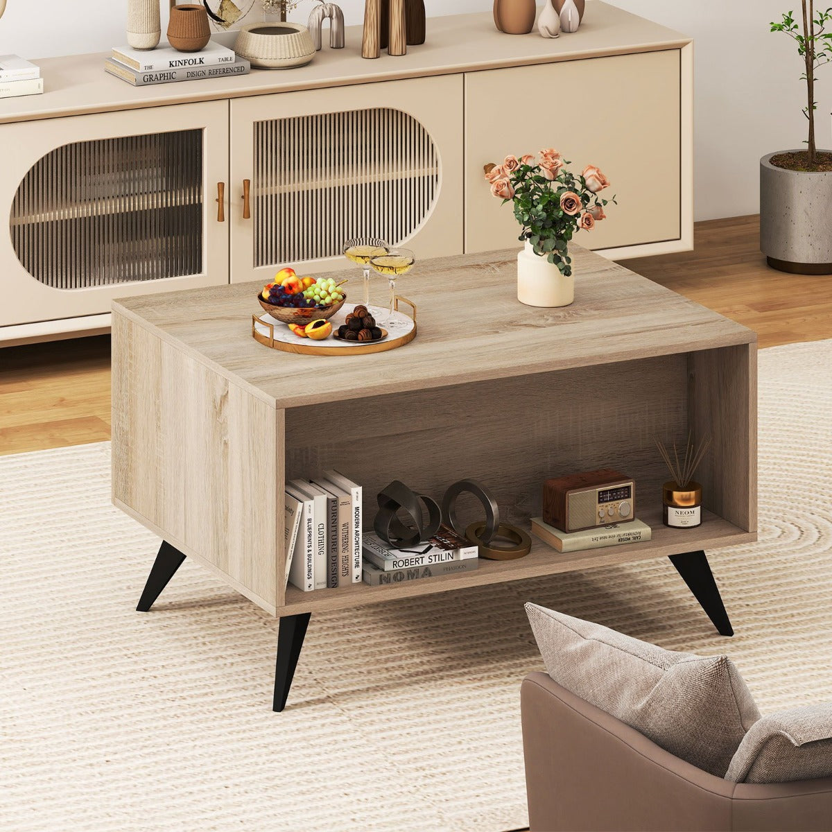 Modernt – soffbord med förvaringsutrymme Farmhouse accentbord öppna fack och lådor – 3 80 x 60 x 46 cm – Ekgrå