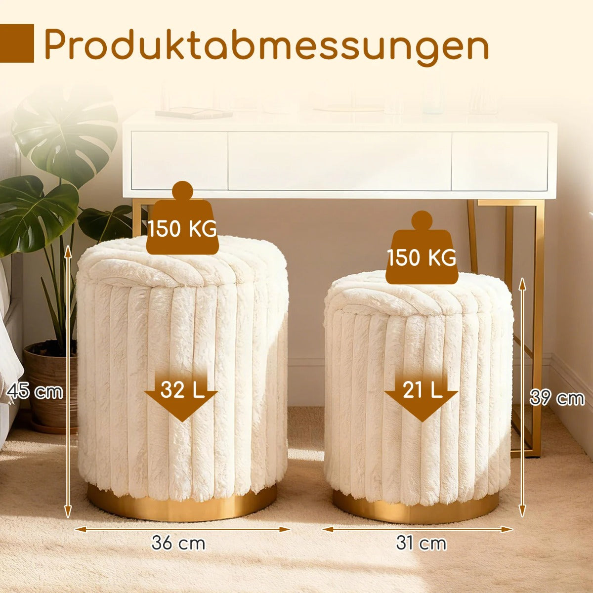 Modernt – ottomanset med st. + runda pallar kaninpälsöverdrag och avtagbara lock – 2 32 L 21 L – Beige