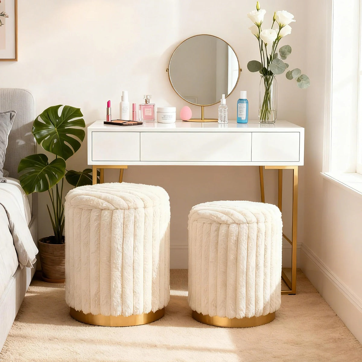 Modernt – ottomanset med st. + runda pallar kaninpälsöverdrag och avtagbara lock – 2 32 L 21 L – Beige
