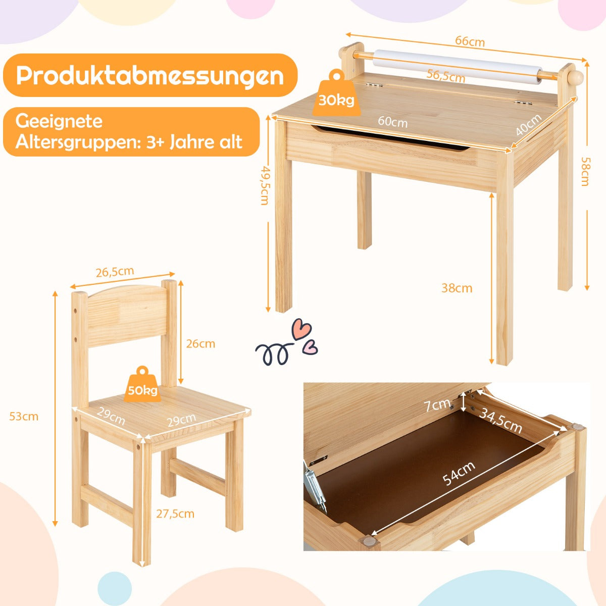 Multifunktionsbord – för småbarn med stol Barnbord konst och hantverk pappersrullehållare Natural – Natur