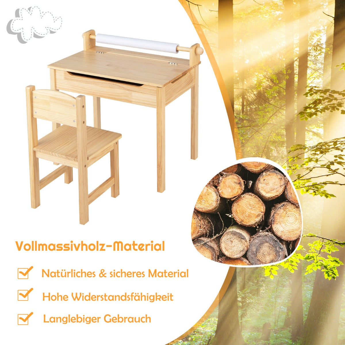 Multifunktionsbord – för småbarn med stol Barnbord konst och hantverk pappersrullehållare Natural – Natur