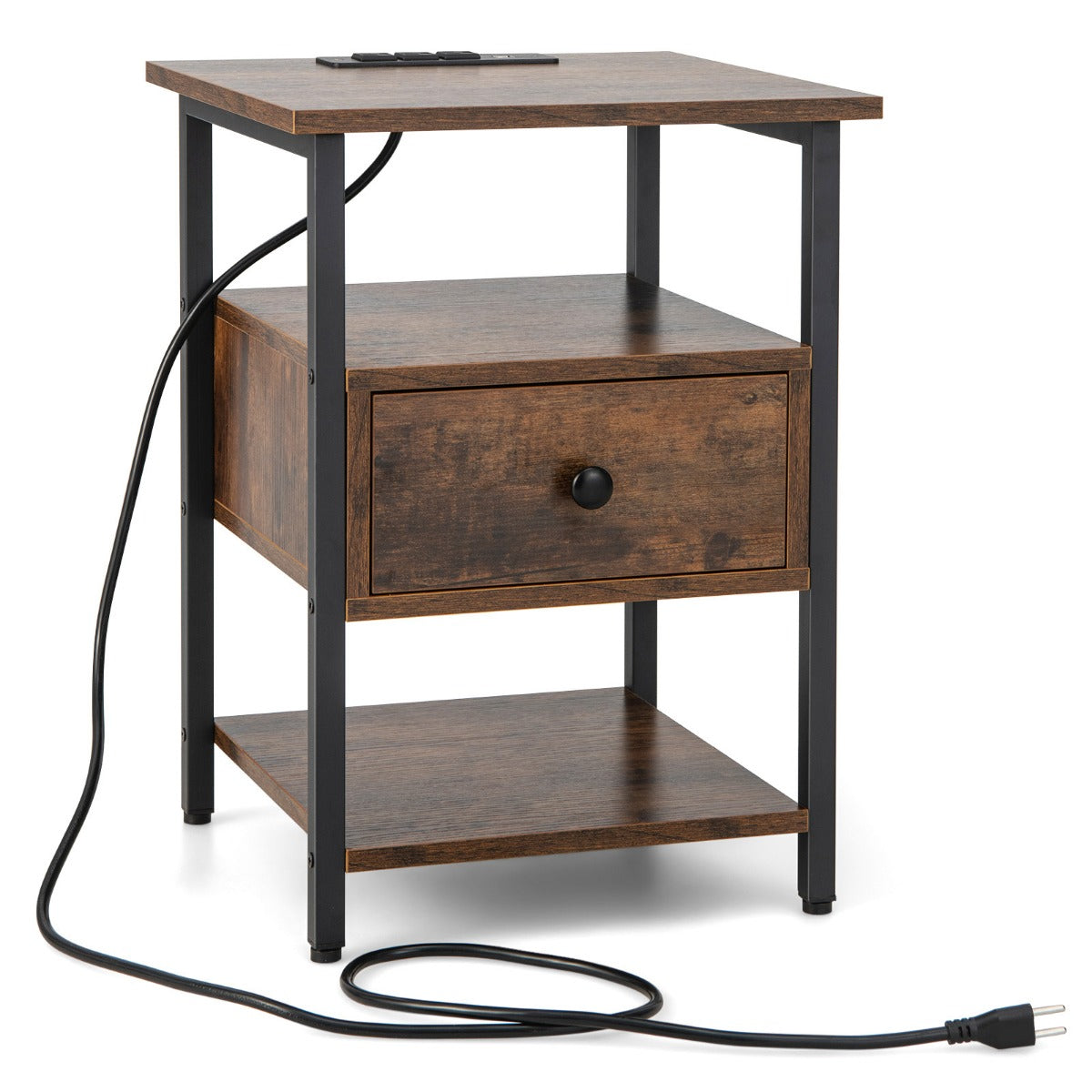 Sängbord – med laddstation och låda öppna hyllor Rustikbrun – 40 x 40 x 55 cm – Rustik brun