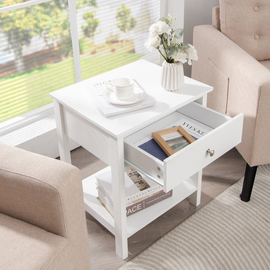 Set – om vånings sängbord med låda, nattduksbord, – 2 2 48 x 40 x 58 cm – Vit