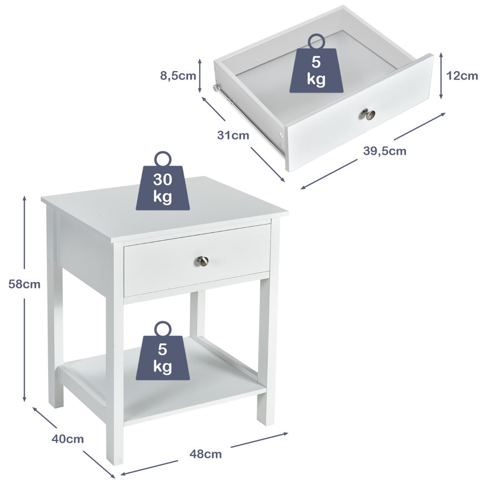 Set – om vånings sängbord med låda, nattduksbord, – 2 2 48 x 40 x 58 cm – Vit