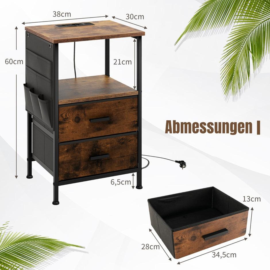 Set – med sängbord laddstation och lådor sidofickor Industriellt sidobord brunt – 2 2 6 – Rustik brun