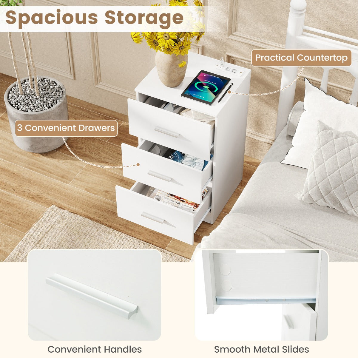 Sängbord – med laddstation modern nattduksbord förvaringslådor Vitt – 3 38 x 35 x 66 cm – Vit