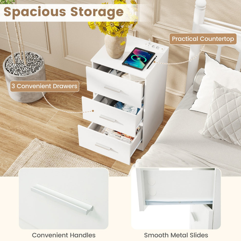 Sängbord – med laddstation modern nattduksbord förvaringslådor Vitt – 3 38 x 35 x 66 cm – Vit