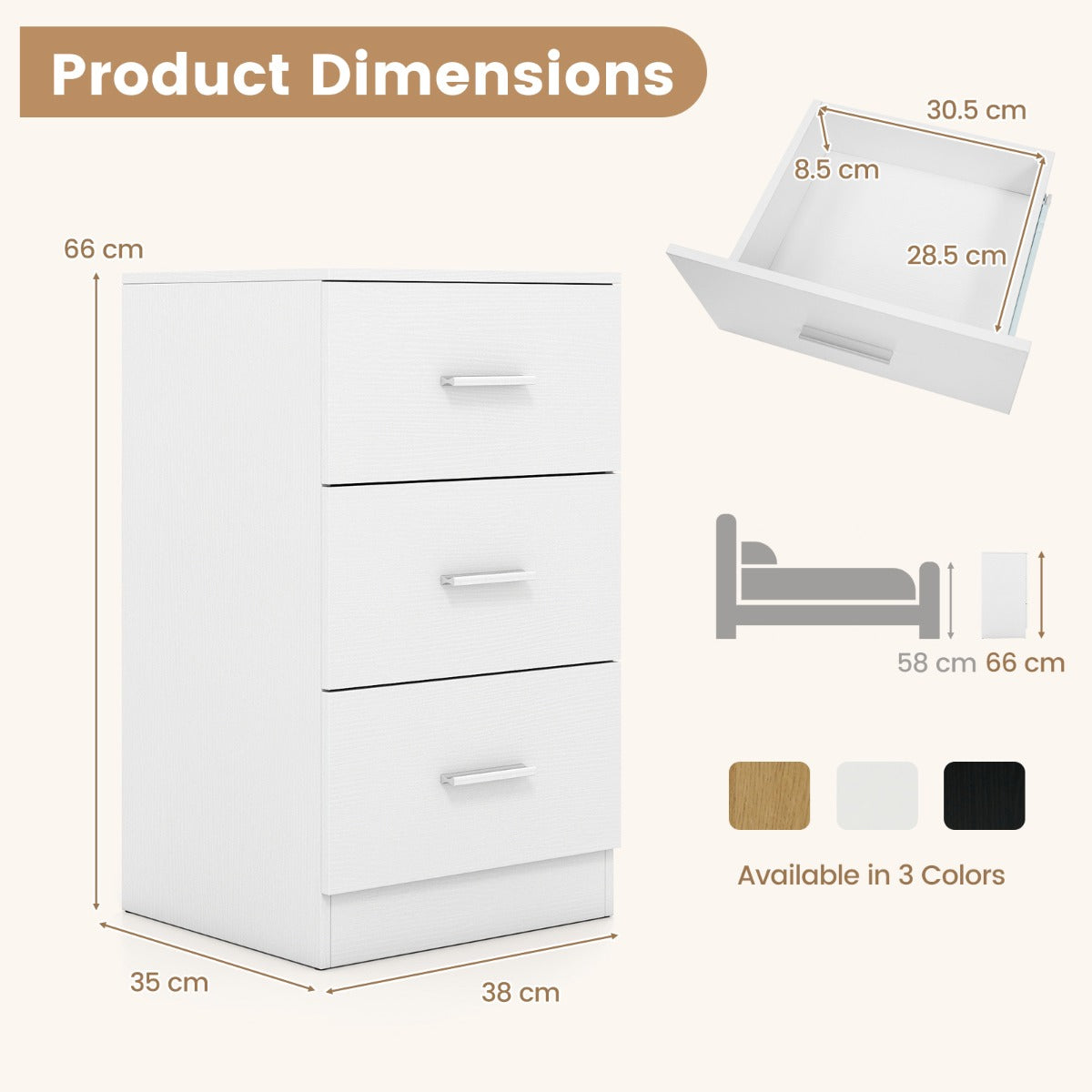 Sängbord – med laddstation modern nattduksbord förvaringslådor Vitt – 3 38 x 35 x 66 cm – Vit