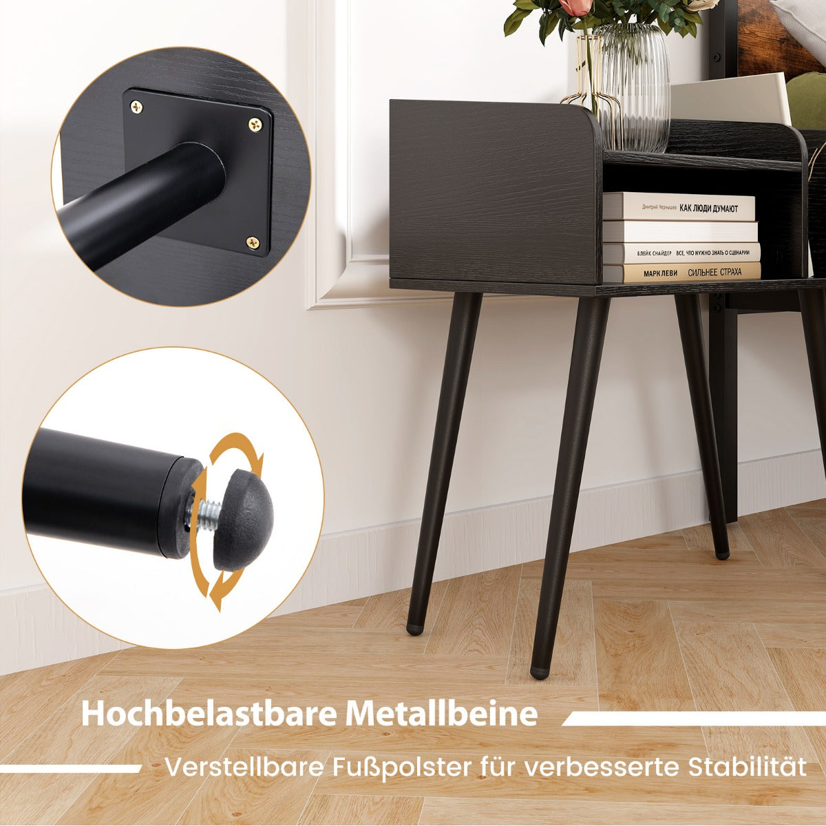 Sängbord – sidobord med öppet fack soffbord metallstödben st. – 50 x 32 x 58 cm 1 – Svart