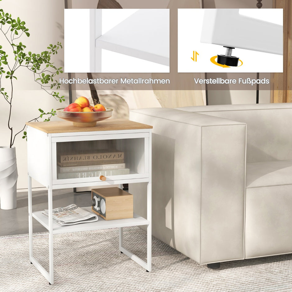 Sängbord – Sidobord Sängskåp i trä med metallram och hylla genomskinlig dörr – 40 x 32 x 56 cm – Vit