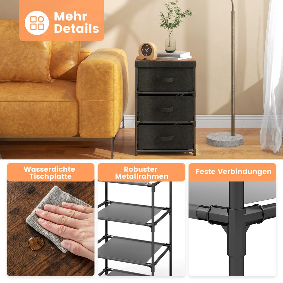 Sängbord – med tyglådor Sidobord metallstomme – 40 x 30 x 62 cm – Svart