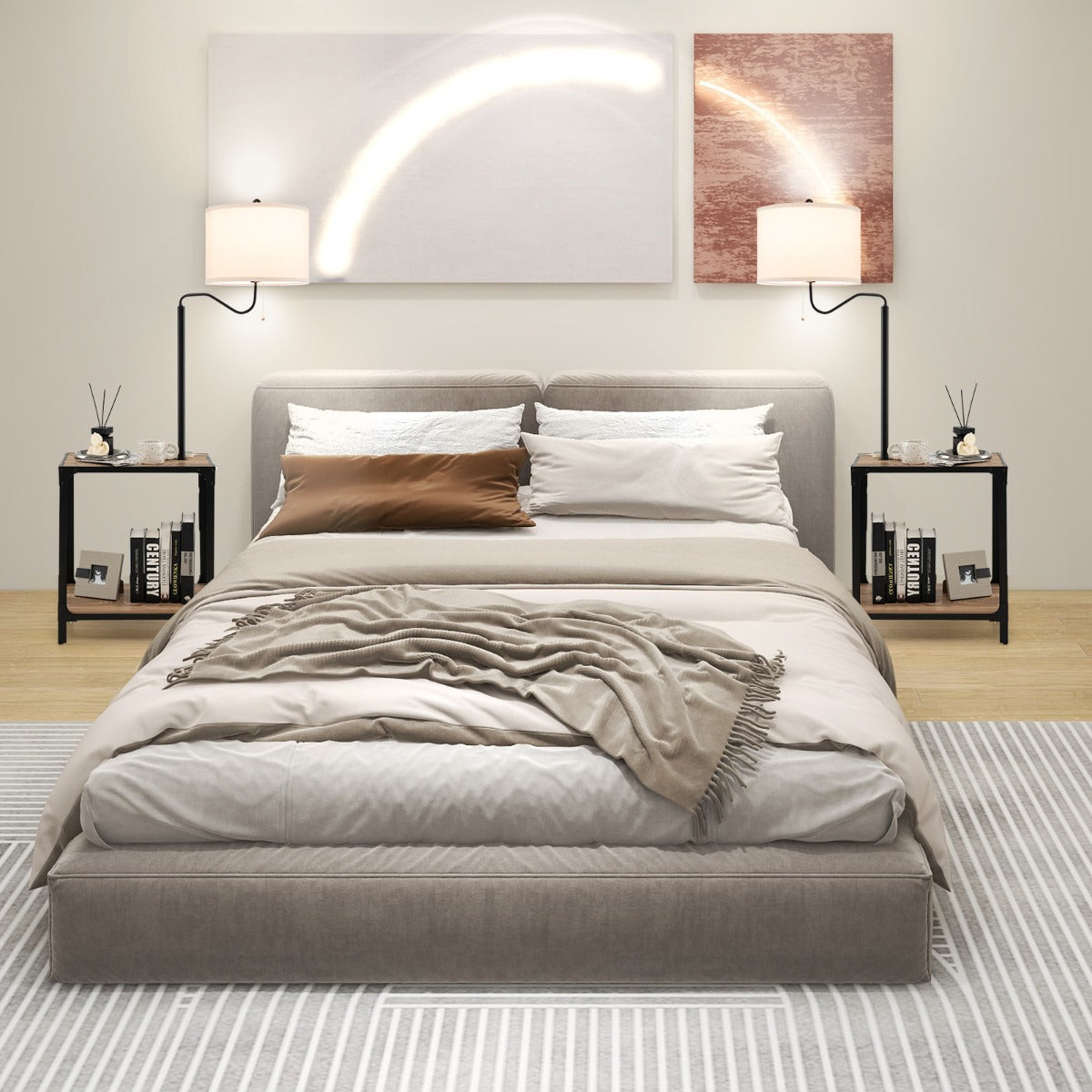 Modernt – sidobord med bordslampa och 360° roterande sänglampa – 49 x 34 x 144 cm – Brun