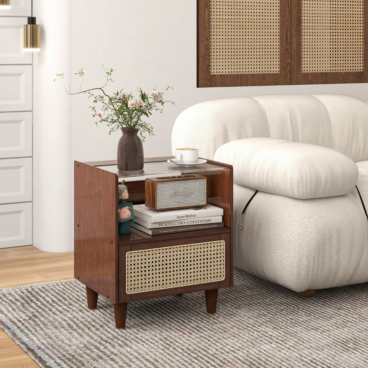 Sängbord – i bambu och rotting med låda ben i massivt trä Sidobord dolt förvaringsutrymme – 2 – Brun