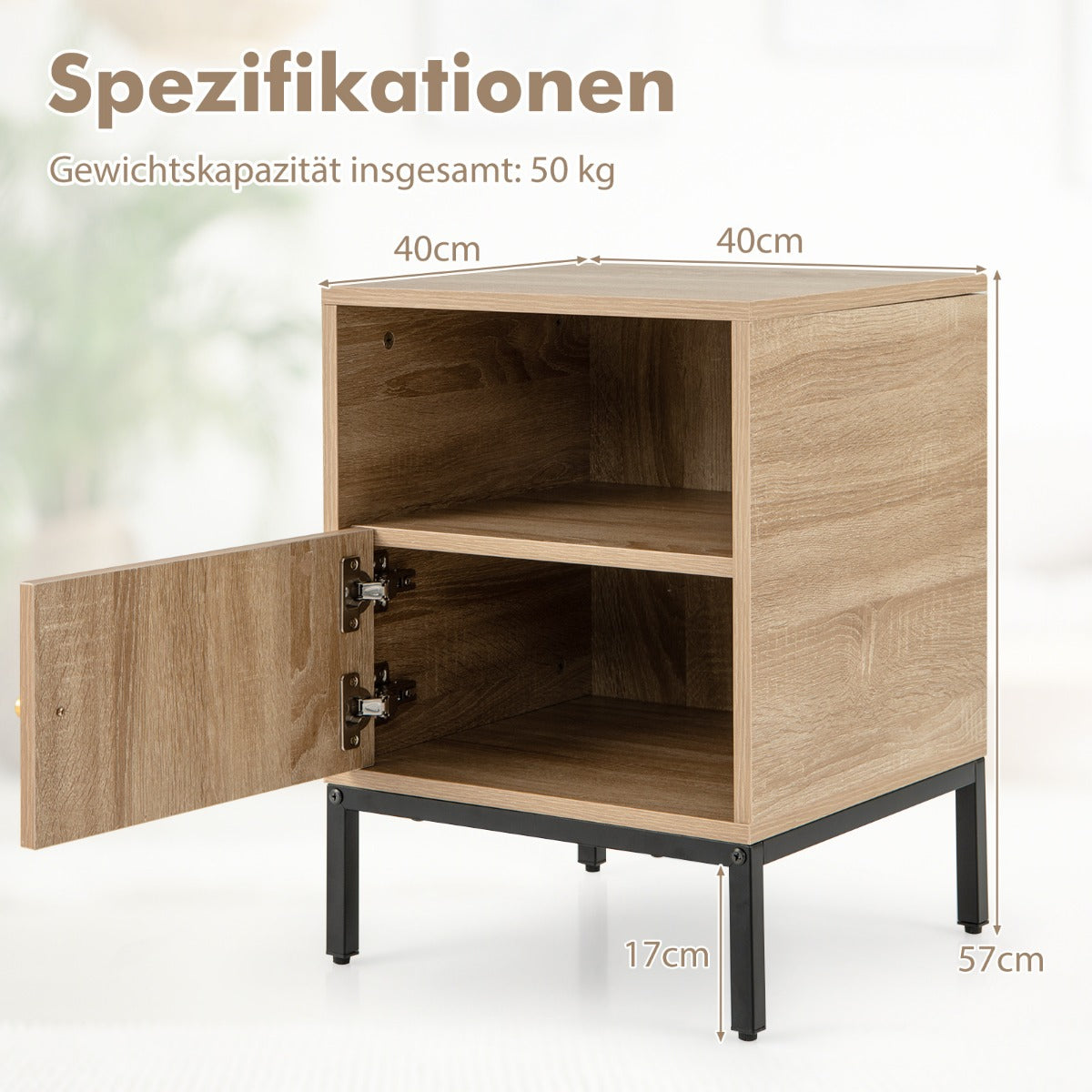 Sängbord – Rotting nattduksbord med öppen hylla och skåp – 40 x 40 x 57 cm – Natur