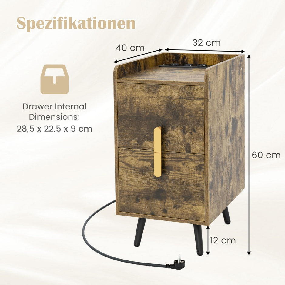Sängbord – med laddstation smalt lådor och USB portar – 2 40 x 32 x 60 cm – Rustik brun