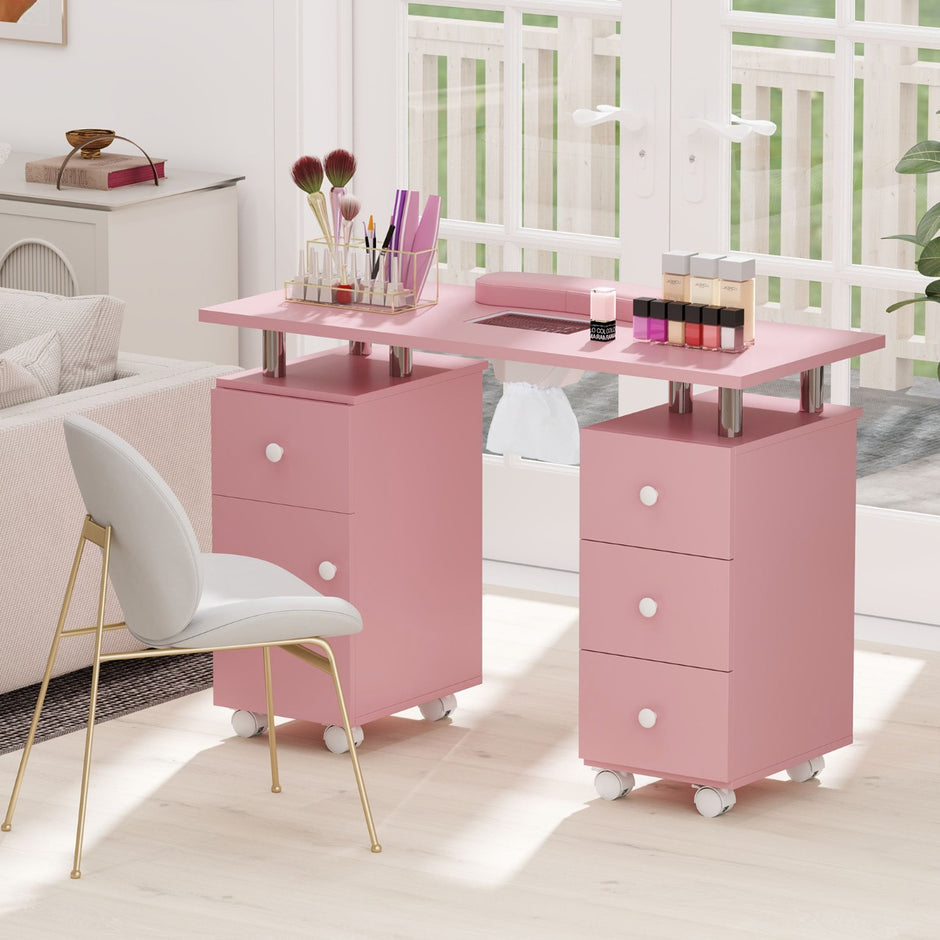 Manikyrbord – med elektrisk dammsugning och handledsstöd lådor nagelbord – Rosa