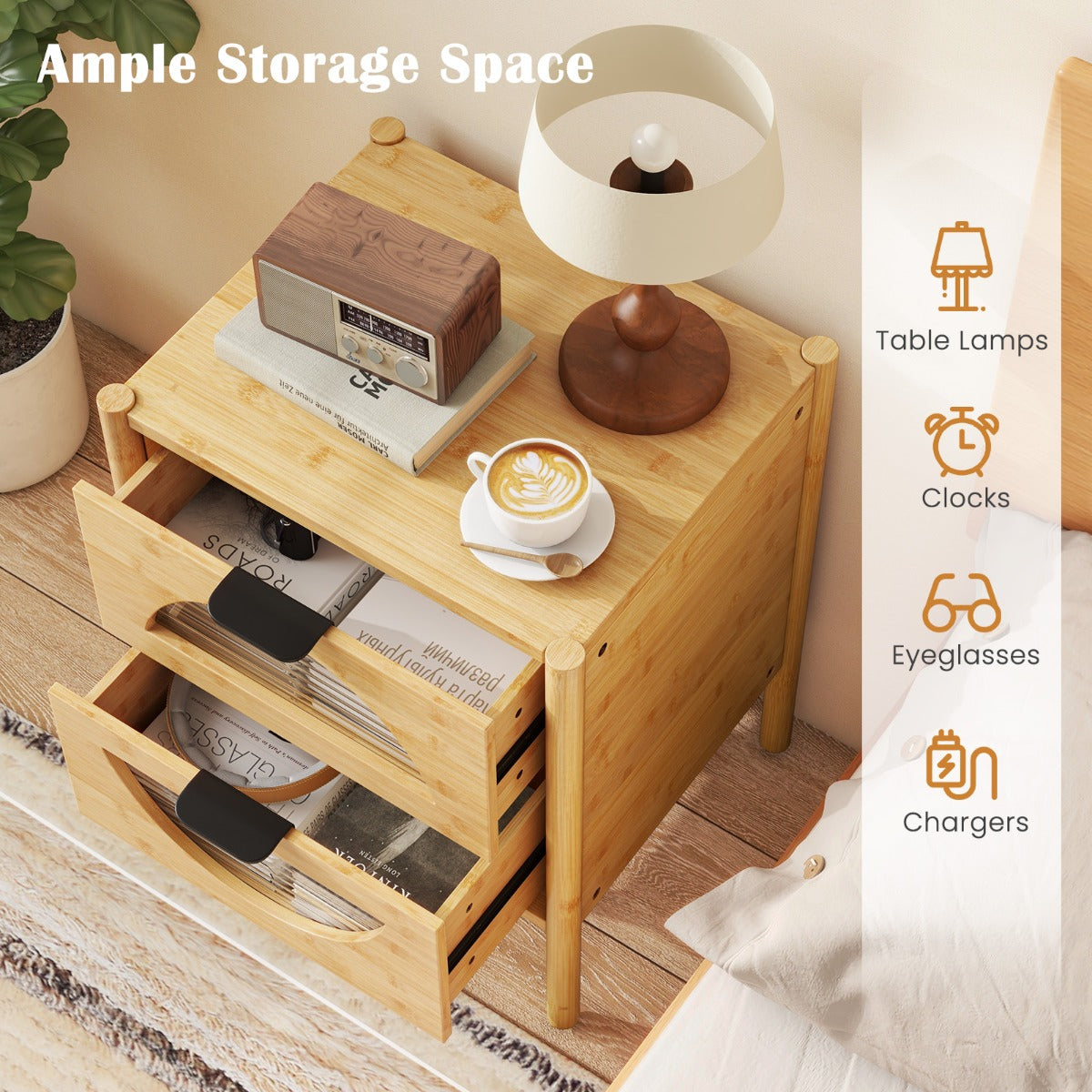 set – bambus nattbord med lådor Modern sidobord Robust nattskåp – 2 2 – Natur