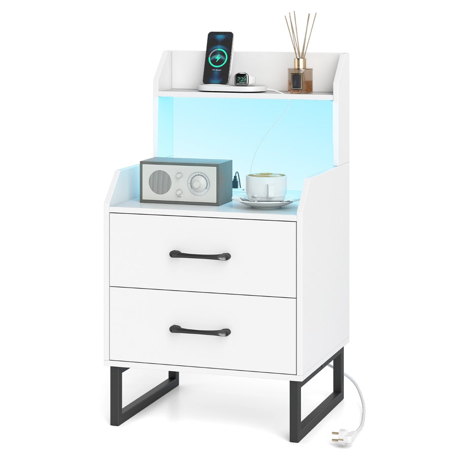 Nattduksbord – med integrerad laddningsstation, LED belysning och lådor Modernt sidobord Vitt – 2 – Vit