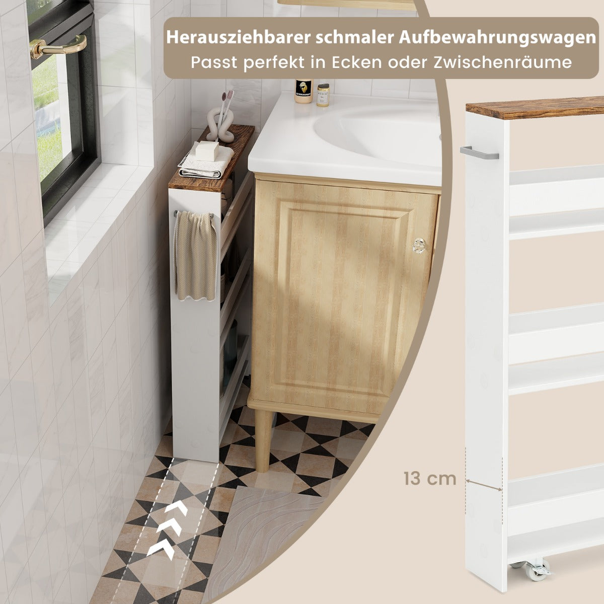 Nischvagn – bred vånings köksvagn smal nischhylla på hjul – 13 cm 4 48 x 13 x 81 cm – Vit