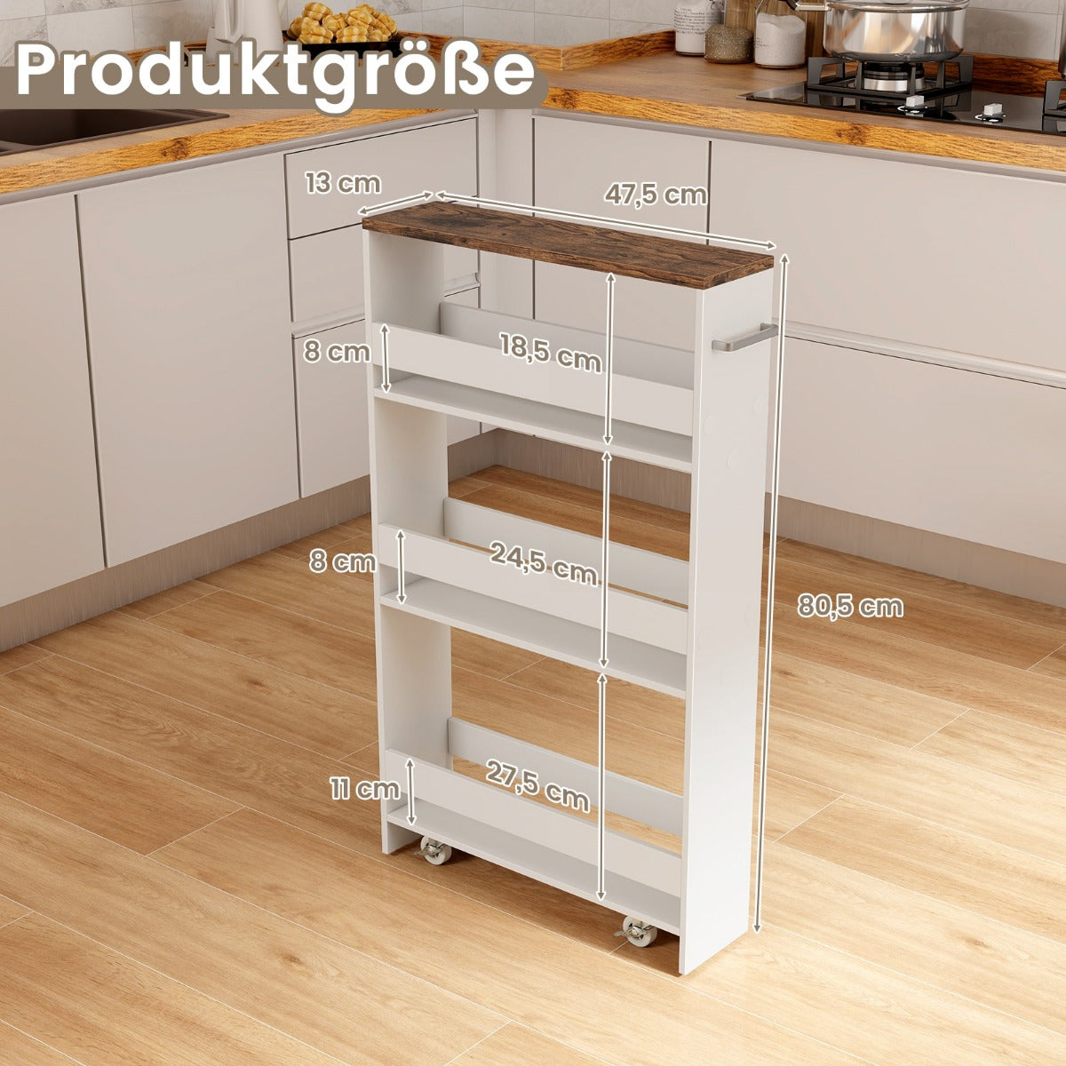 Nischvagn – bred vånings köksvagn smal nischhylla på hjul – 13 cm 4 48 x 13 x 81 cm – Vit