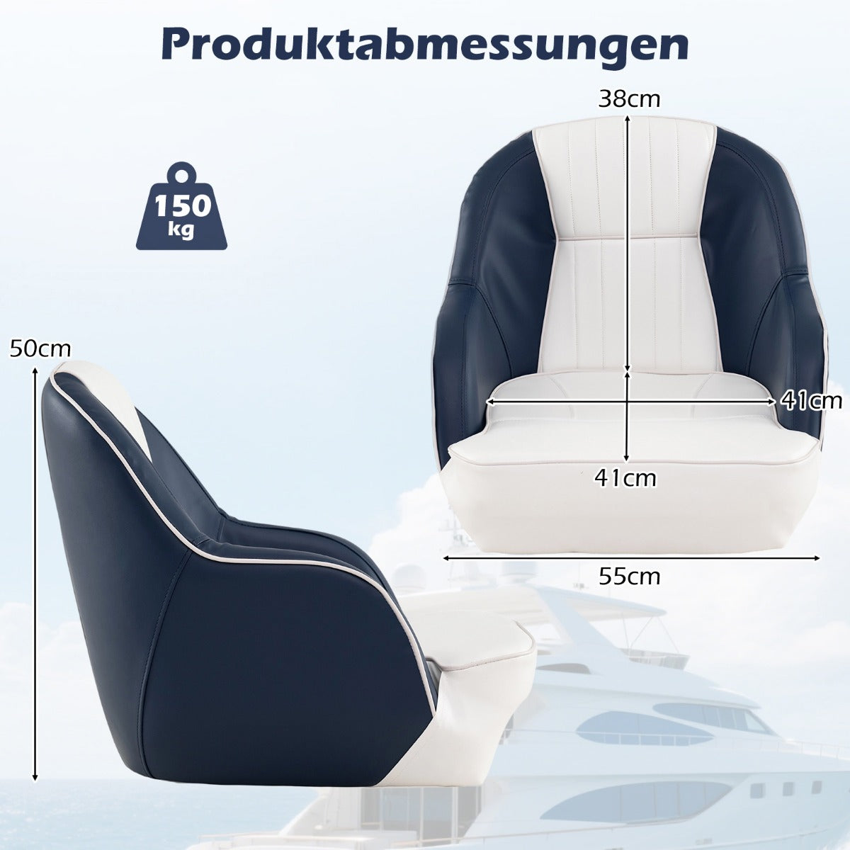 Båtsits – Båtfåtölj med tjock skumgummipolstring vattentåligt PVC läder – 55 x 41 x 50 cm – Blå och vit