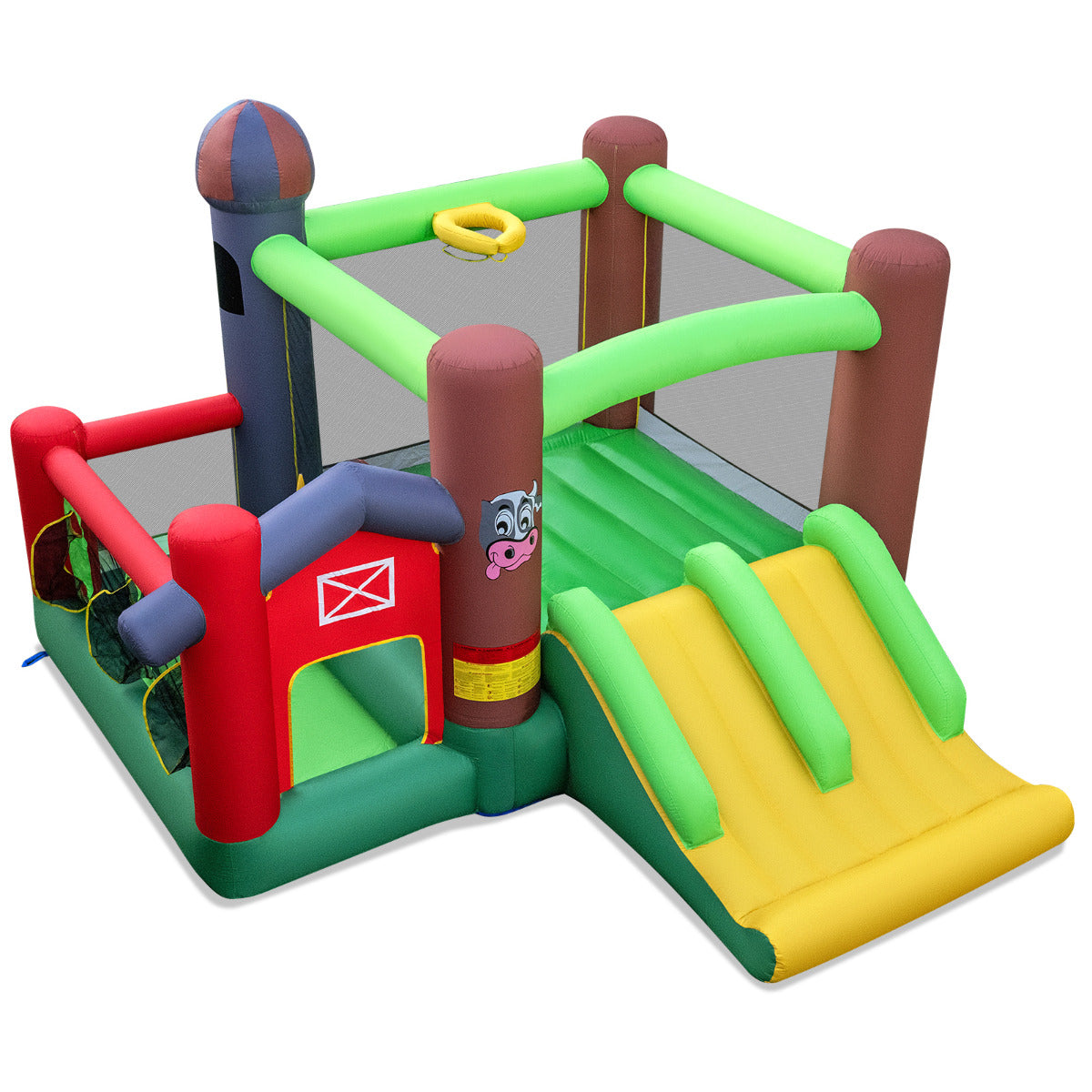 Hoppborg – med fläkt Uppblåsbar dubbla rutschkanor – 356 x 330 x 220 cm – Färgglad