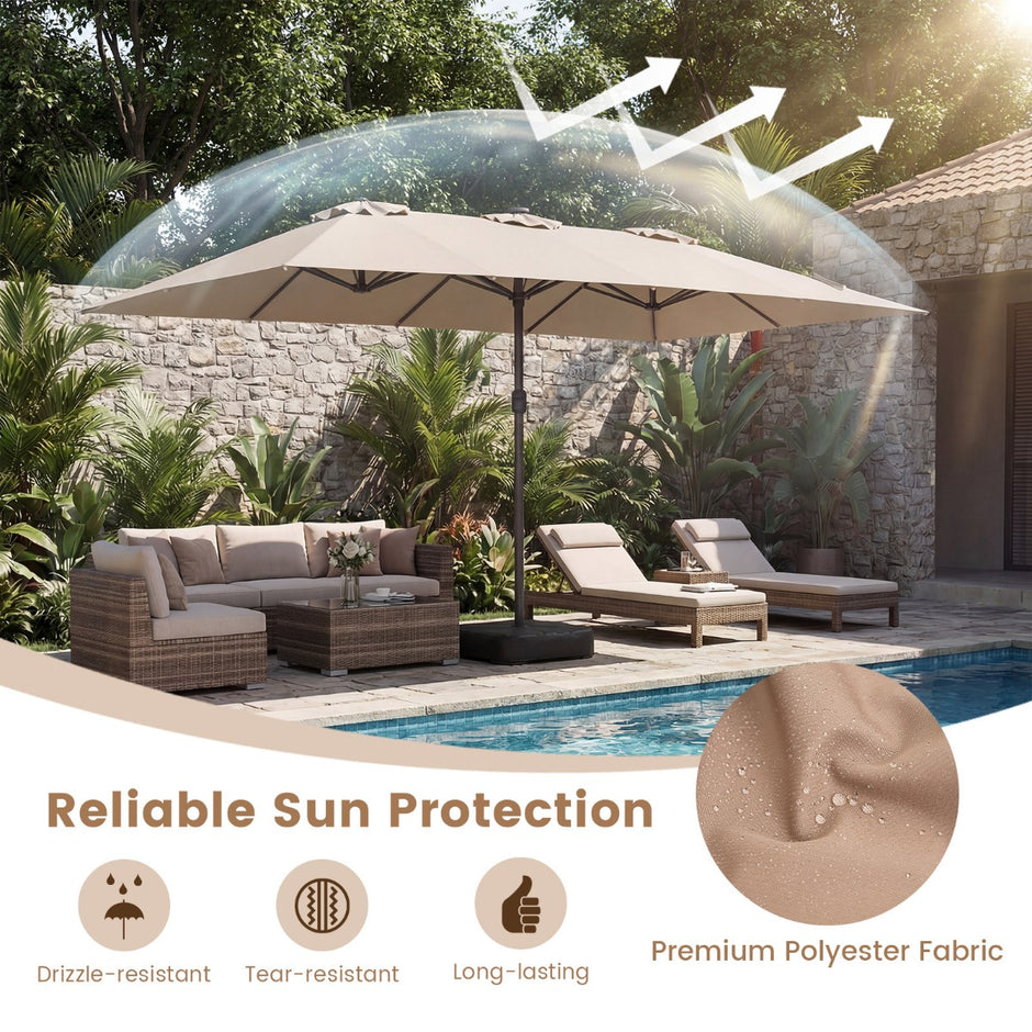 Dubbelsolparasoll – med LED belysning, UV 50+ bas utomhusparasol – Beige