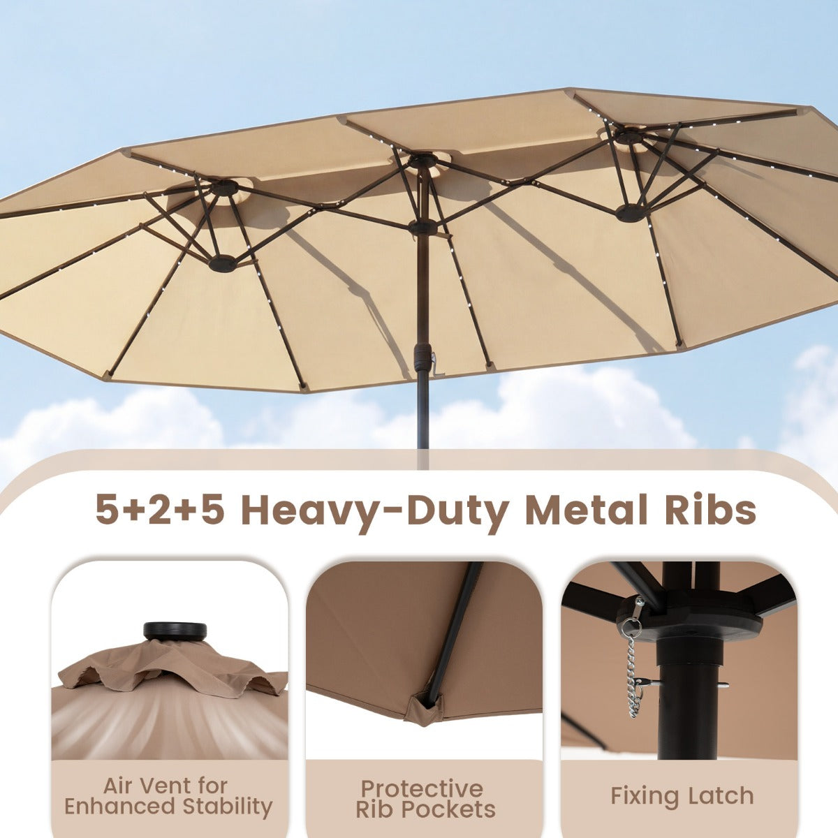 Dubbelsolparasoll – med LED belysning, UV 50+ bas utomhusparasol – Beige