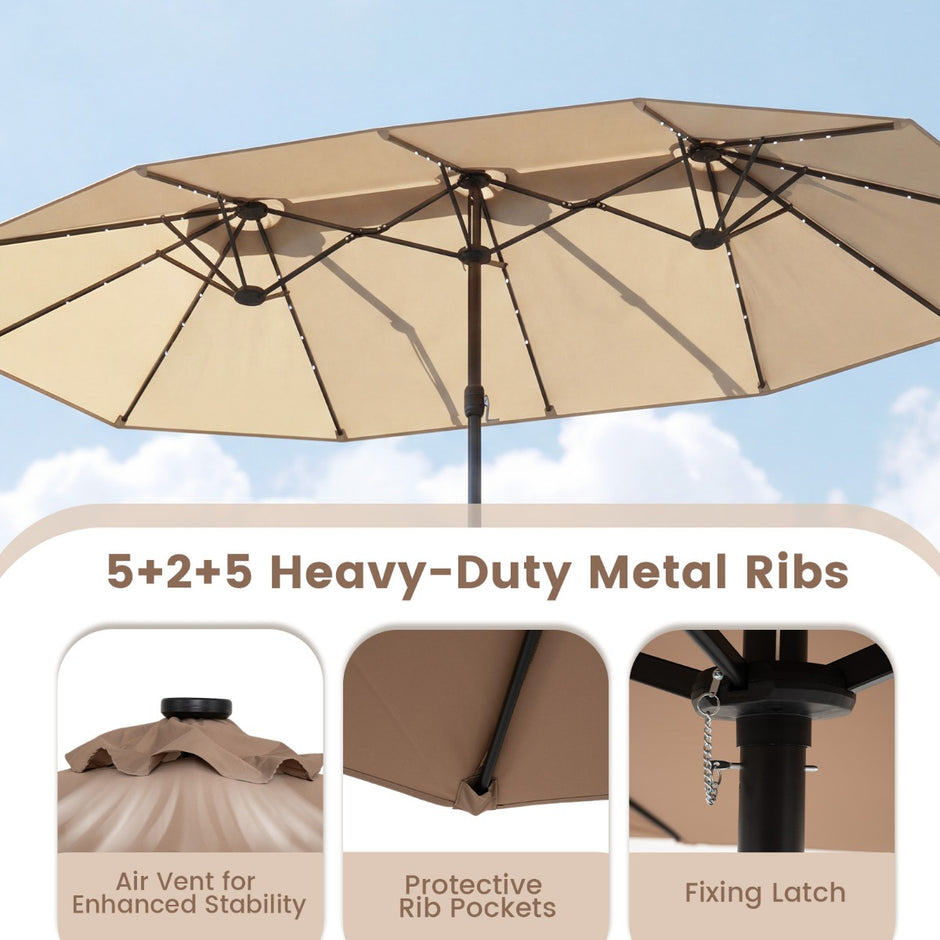 Dubbelsolparasoll – med LED belysning, UV 50+ bas utomhusparasol – Beige