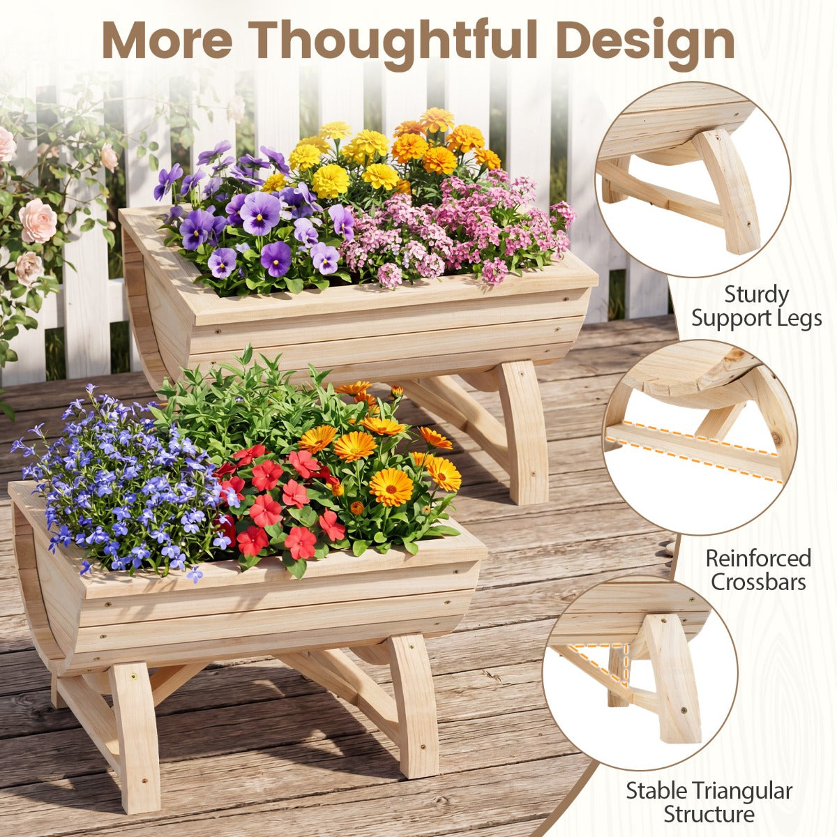 pack – Odlad Bänk Av Granträ Med Dräneringshål Halvfat Blomlåda – 2 – Natur