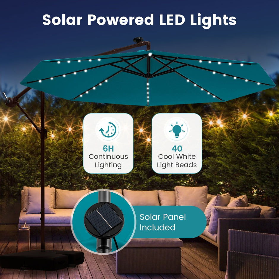 Fribärande – parasoll med solar LED lampor och sandsäckar vev UV skydd – 40 Ø 300 cm – Turkos