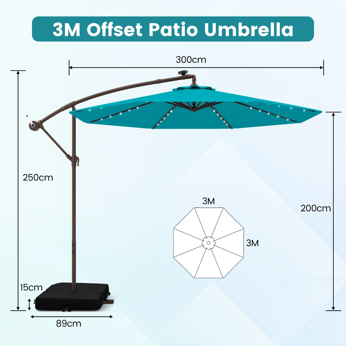 Fribärande – parasoll med solar LED lampor och sandsäckar vev UV skydd – 40 Ø 300 cm – Turkos
