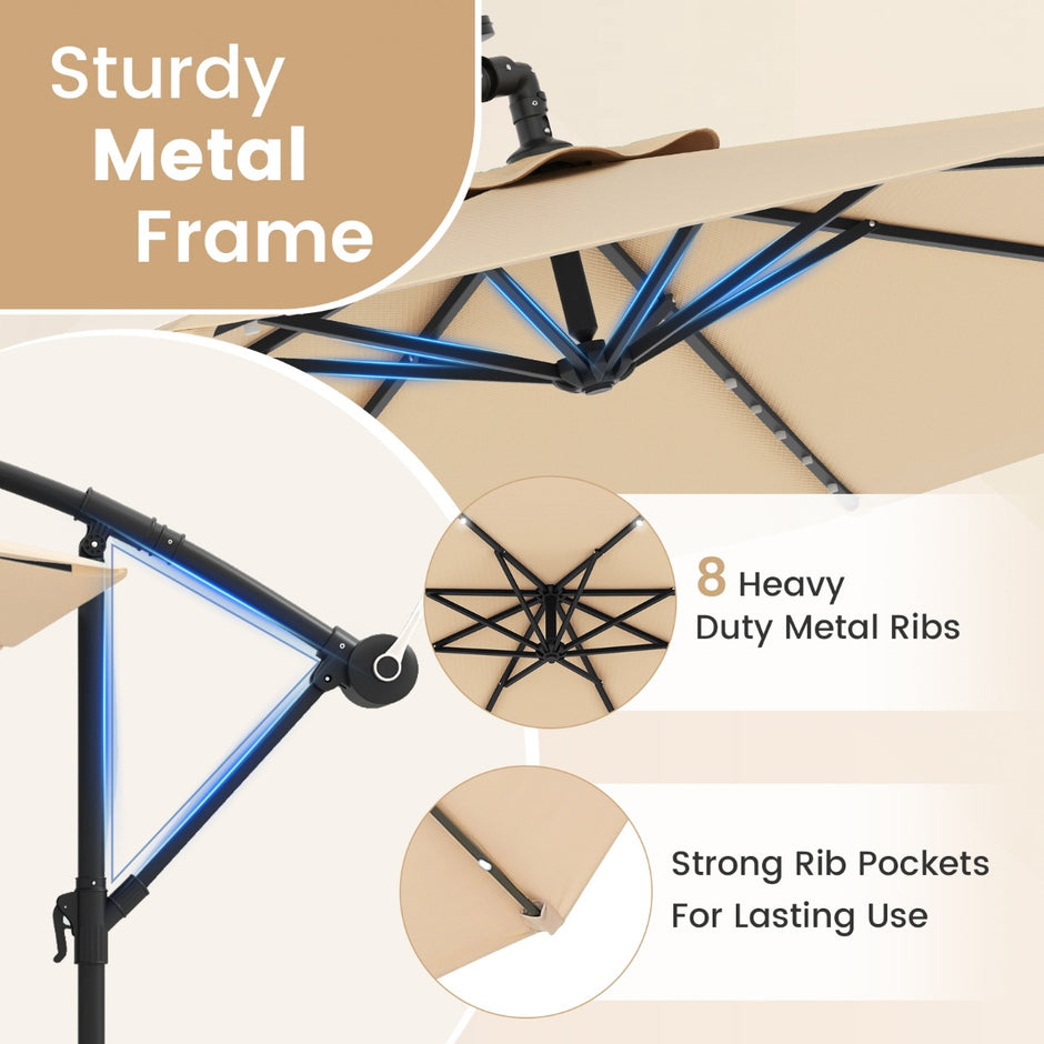 Fribärande – parasoll med solar LED lampor och sandsäckar vev UV skydd – 40 Ø 300 cm – Beige