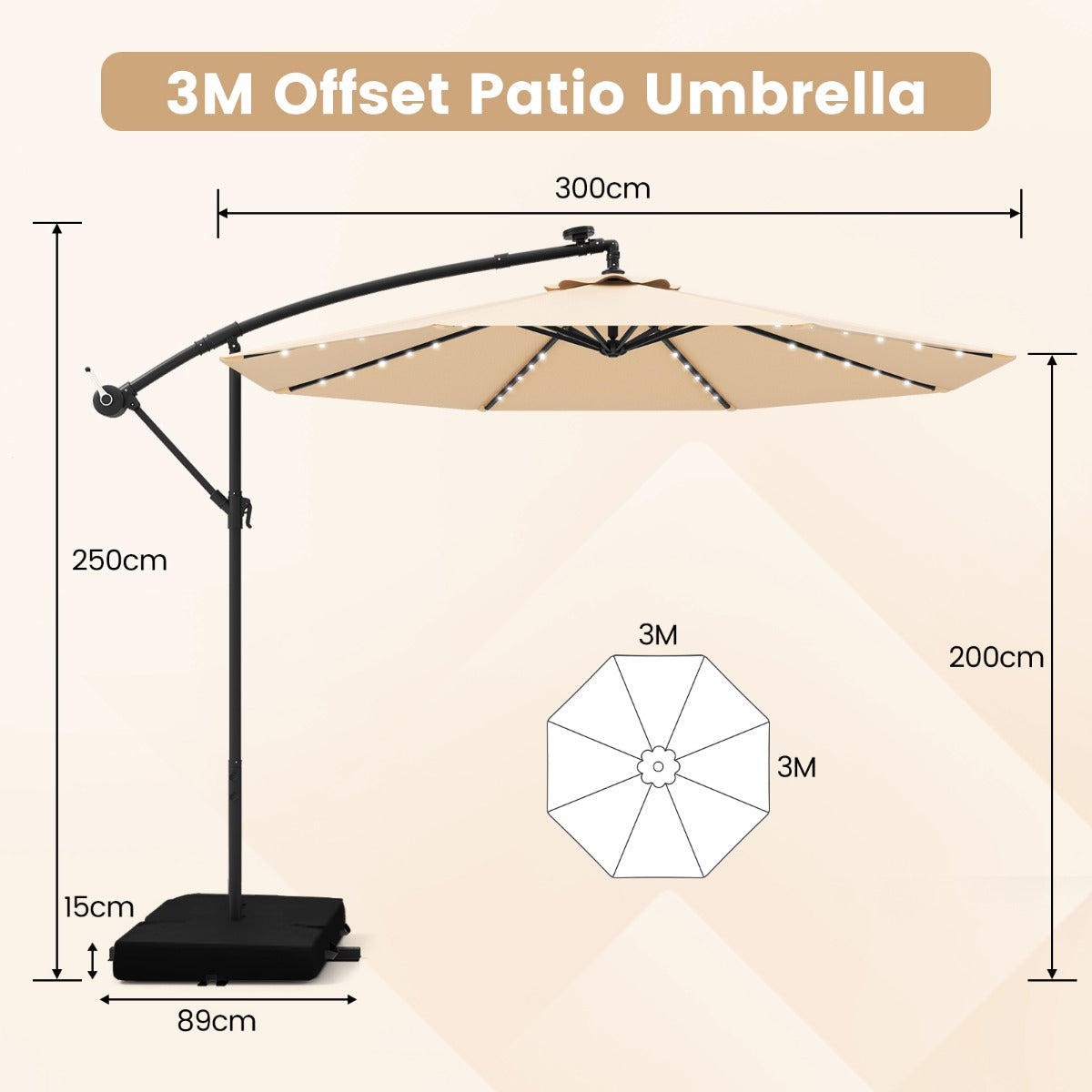 Fribärande – parasoll med solar LED lampor och sandsäckar vev UV skydd – 40 Ø 300 cm – Beige