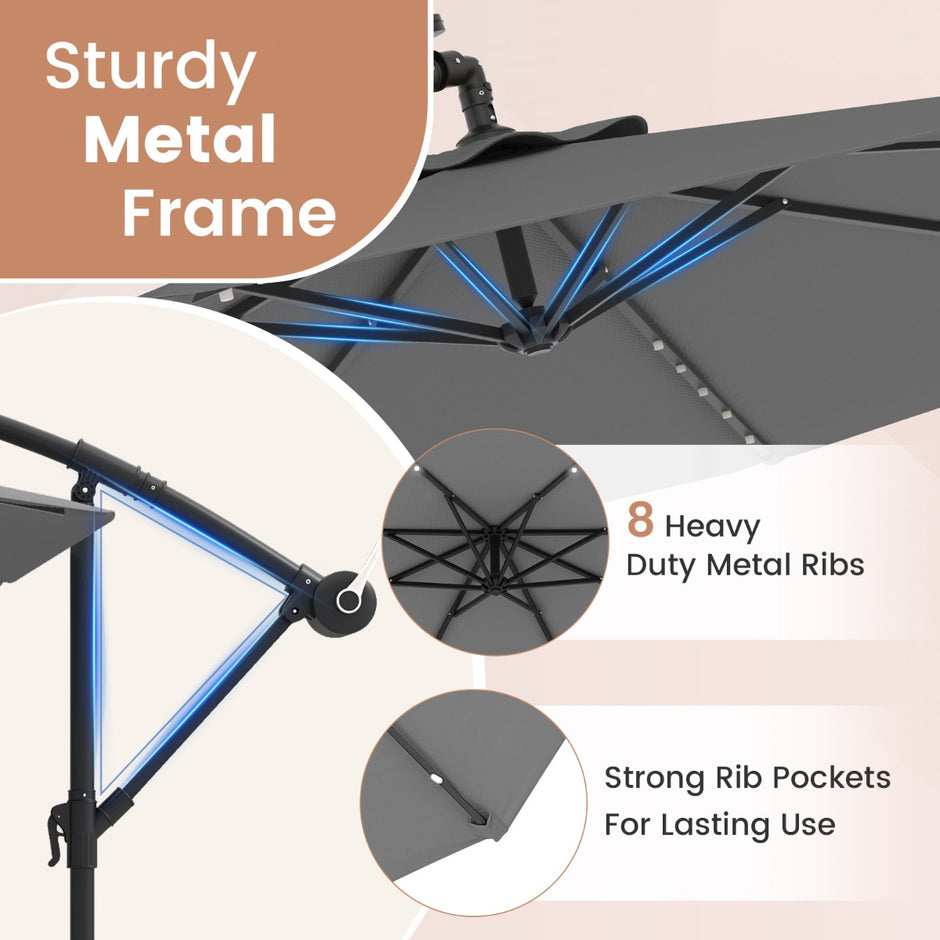 Fribärande – parasoll med solar LED lampor och sandsäckar vev UV skydd – 40 Ø 300 cm – Grå