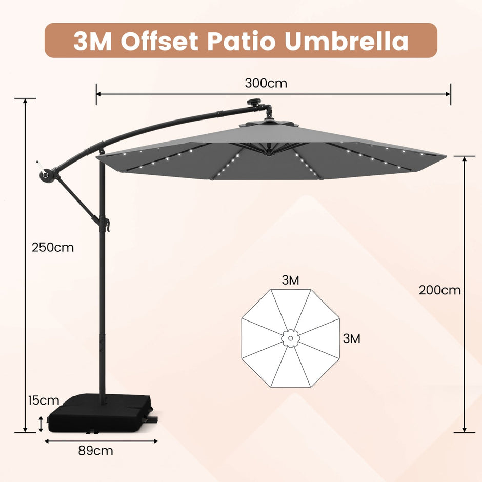 Fribärande – parasoll med solar LED lampor och sandsäckar vev UV skydd – 40 Ø 300 cm – Grå