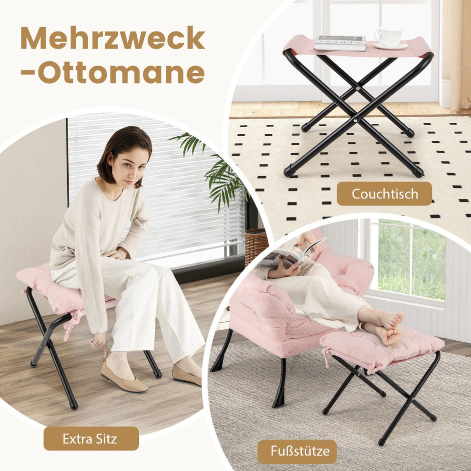 Fåtölj – med armstöd och sidoficka fotstöd pall relaxstol lounge TV – Rosa
