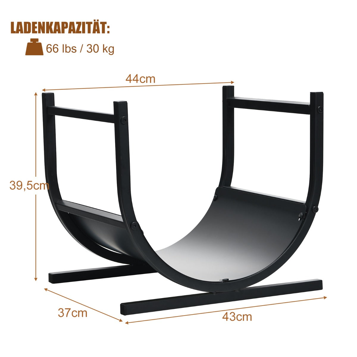 U – formad vedställ i metall trästapelhållare med stabil bas – 43 x 37 x 39,5 cm – Svart