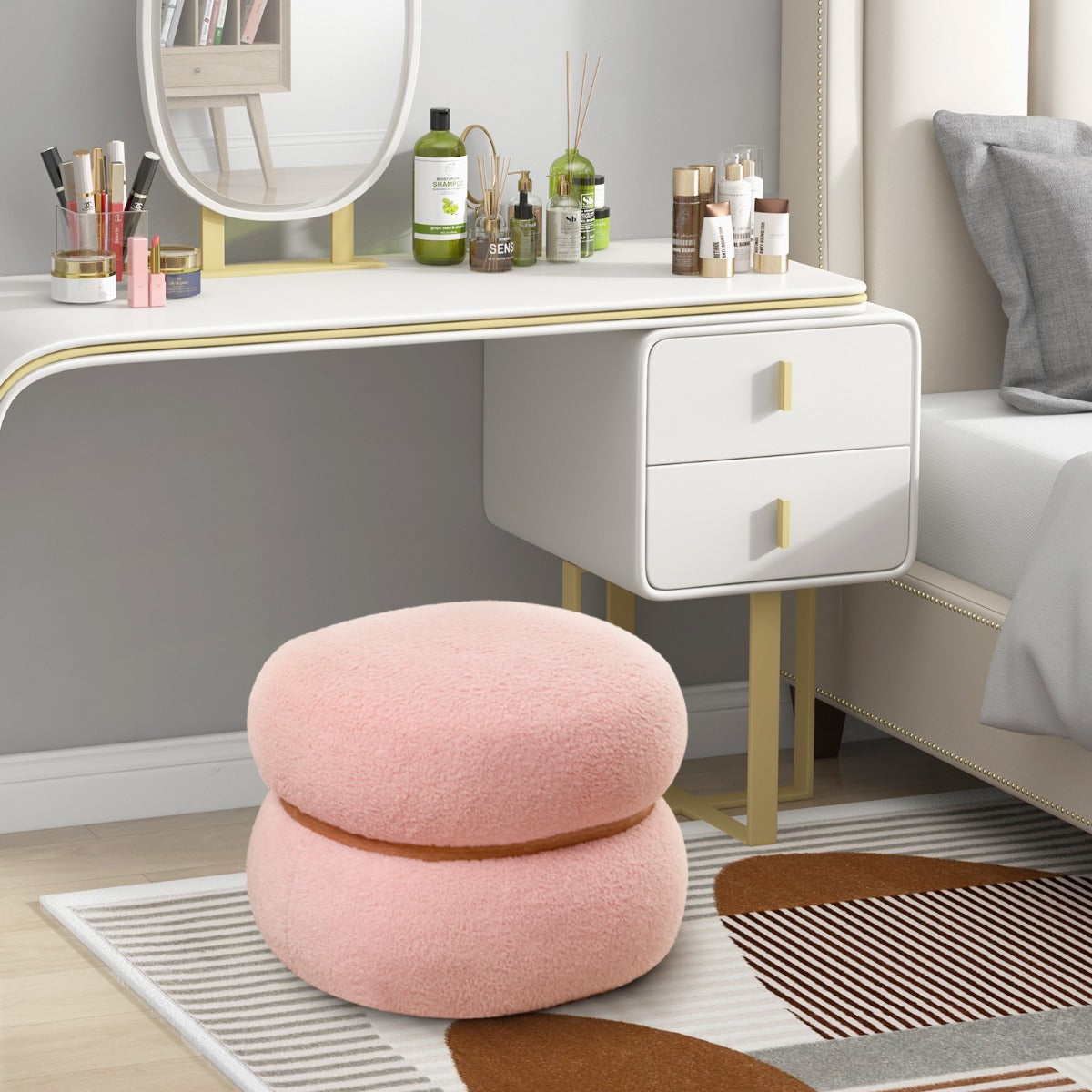 Oval – pall med halkfria fotkuddar Vadderade gjord av sherpa – 44 x 35 x 35 cm – Rosa