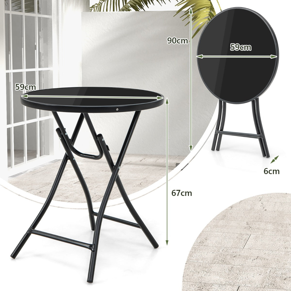 Runt – bistrobord med härdat glasbord och robust metallram – Ø 59 cm – Svart
